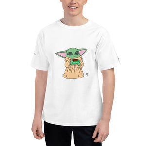 Baby Yoda sipping PPTjuice - Champion white tee